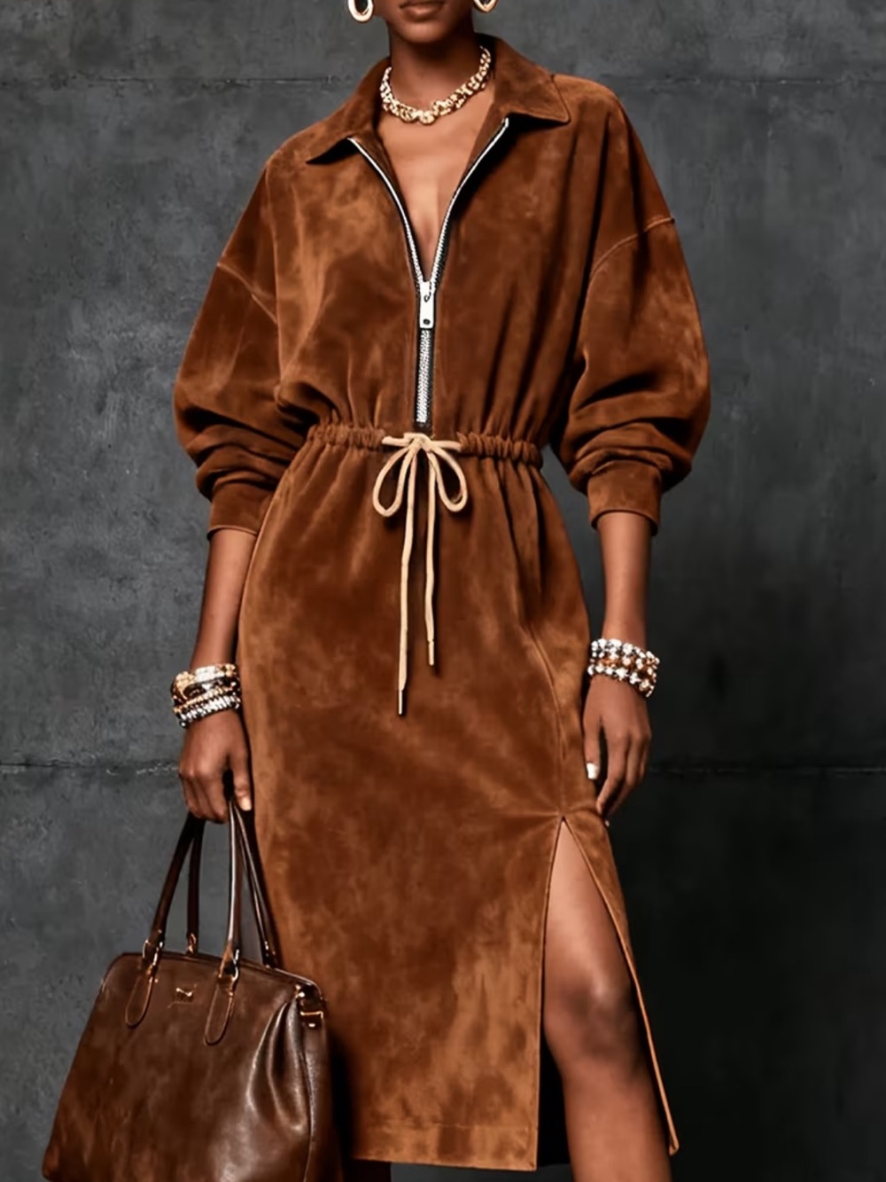 Women Brown Faux Midi Dress Collared Half Zip Drawstring Waist Lantern Long